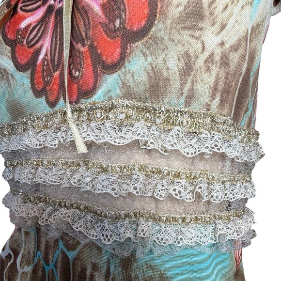 VTG Capo della Spiga Designer Mesh Top S Y2K Floral Lace Ruffle Maximalist Italy - Picture 4 of 16